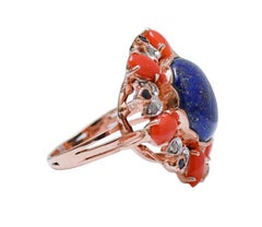 Lapis Lazuli, Coral, Sapphires, Diamonds, Rose Gold and Silver Ring.
