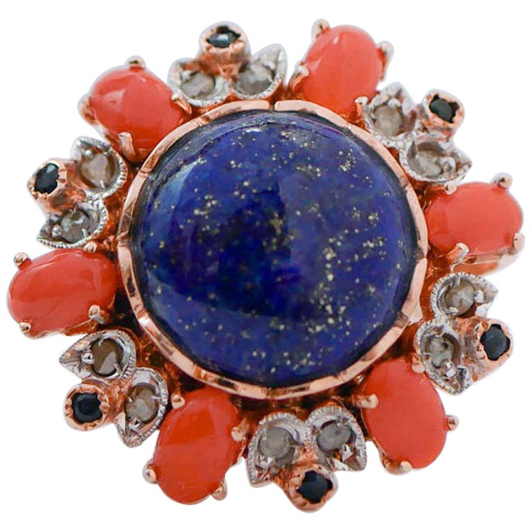 Lapis Lazuli, Coral, Sapphires, Diamonds, Rose Gold and Silver Ring. For Sale