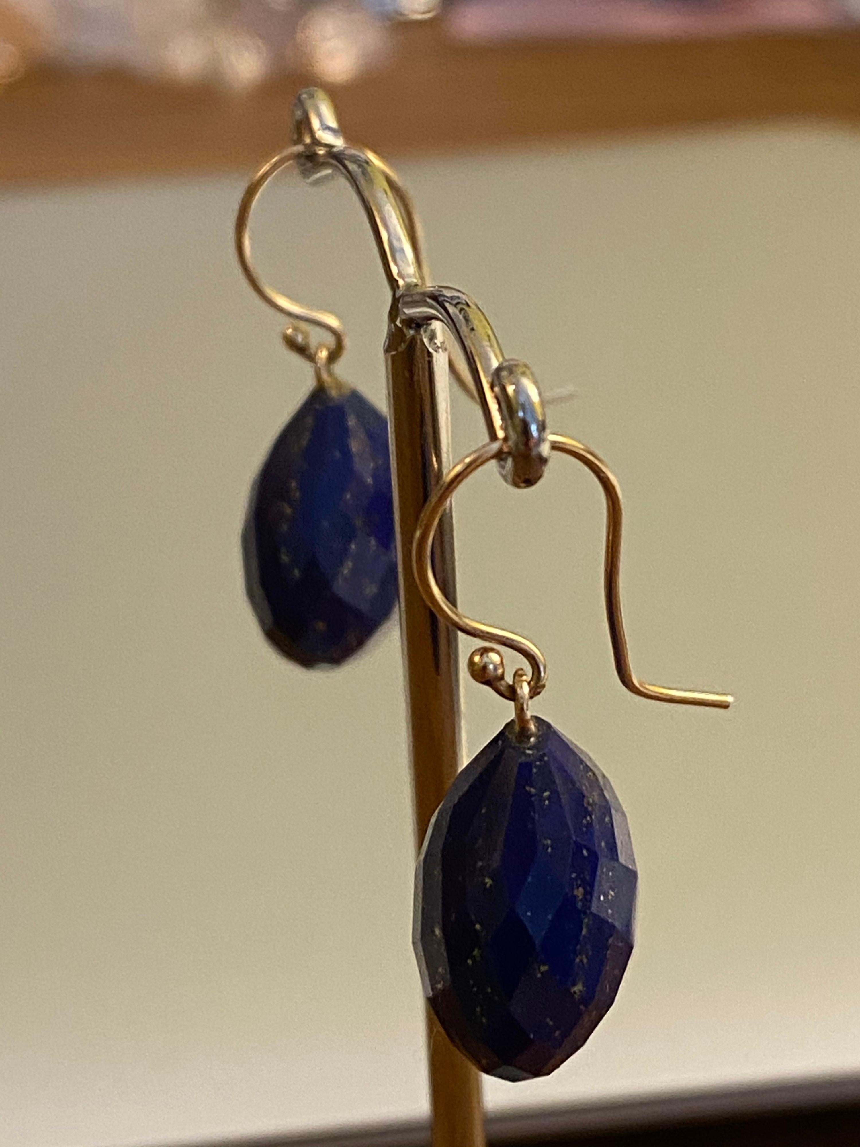 Briolette Cut Lapis Lazuli Dangle Earrings in 14 Karat Yellow Gold For Sale