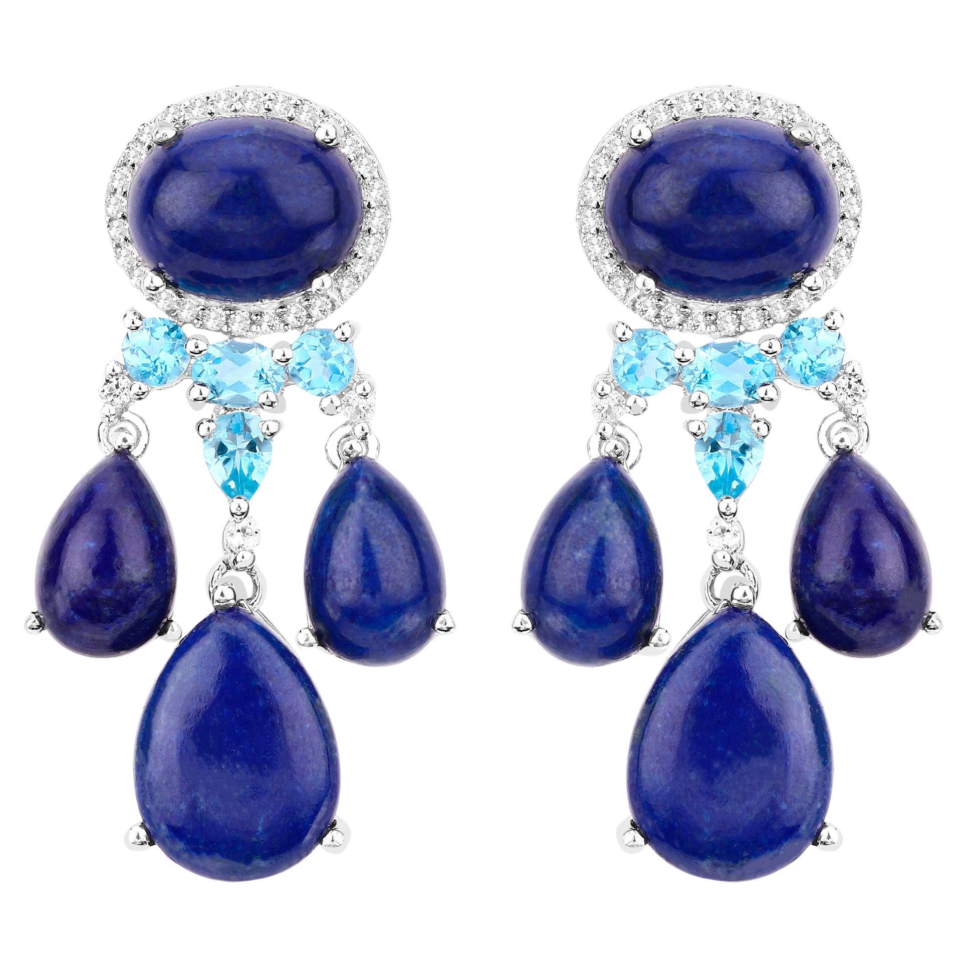 Lapis Lazuli Dangle Earrings With Swiss Blue and White Topazes 23.63 Carats For Sale