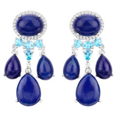 Pendants d'oreilles en lapis-lazuli avec topazes bleus et blancs suisses 23,63 carats