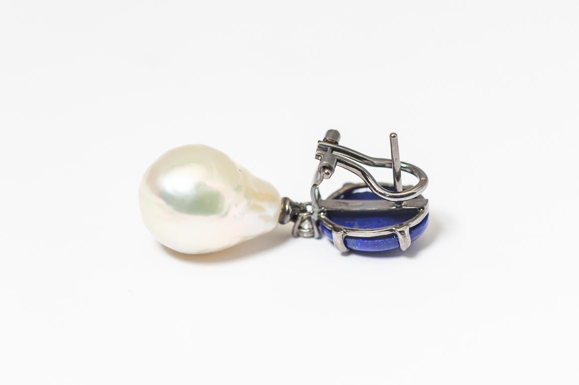Dangling Earrings Lapis Lazuli  Baroque Pearls, Diamonds Black Gold 18 Karat In New Condition For Sale In Vannes, FR