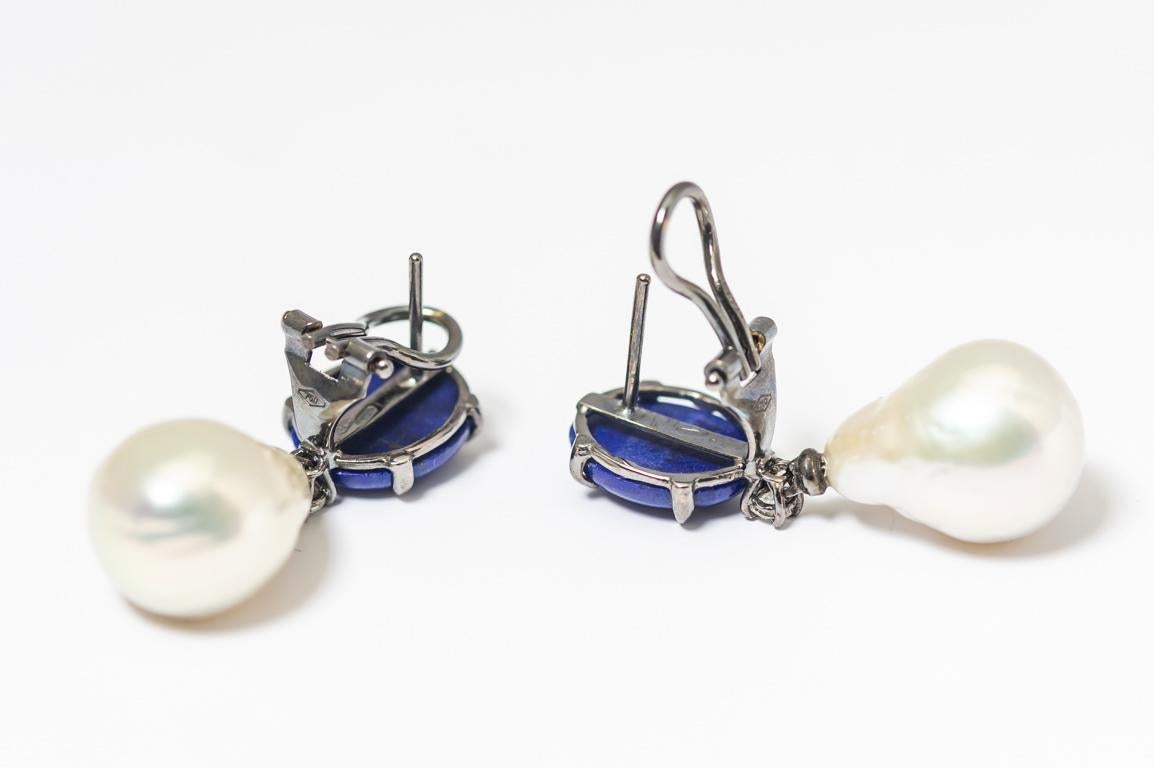 Women's Dangling Earrings Lapis Lazuli  Baroque Pearls, Diamonds Black Gold 18 Karat For Sale