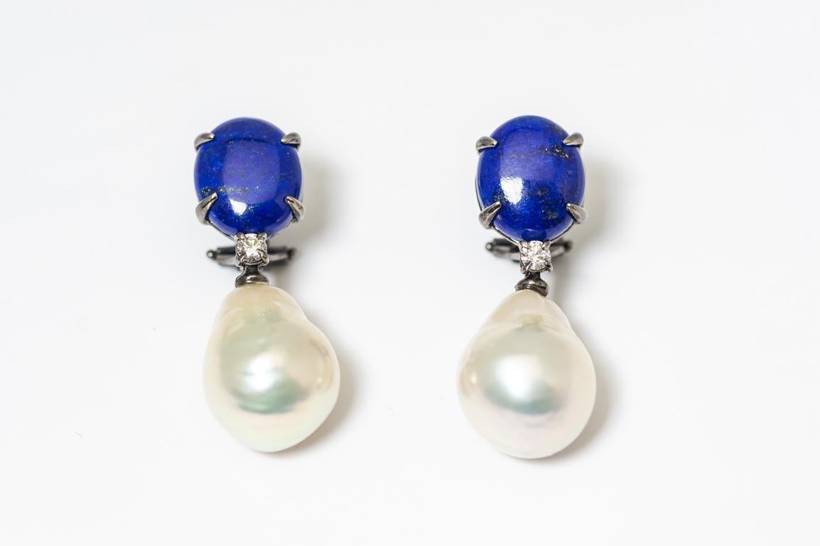 Dangling Earrings Lapis Lazuli  Baroque Pearls, Diamonds Black Gold 18 Karat For Sale 1