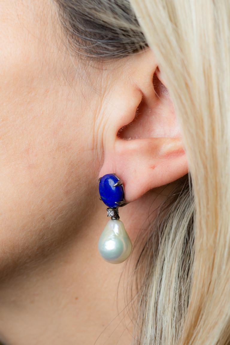 Dangling Earrings Lapis Lazuli  Baroque Pearls, Diamonds Black Gold 18 Karat For Sale 2