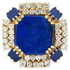 Lapis Lazuli Diamond 18 Karat Yellow Gold Square Estate Cocktail Ring 