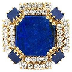 Lapis Lazuli Diamond 18 Karat Yellow Gold Square Estate Cocktail Ring Lapis Lazuli Diamond 18 Karat Yellow Gold Square Estate Cocktail Ring