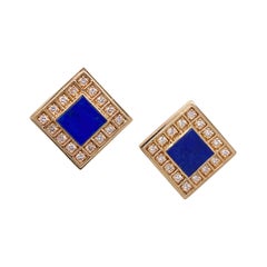 Lapis Lazuli Diamond 18 Karat Yellow Gold Vintage Square Leverback Earrings