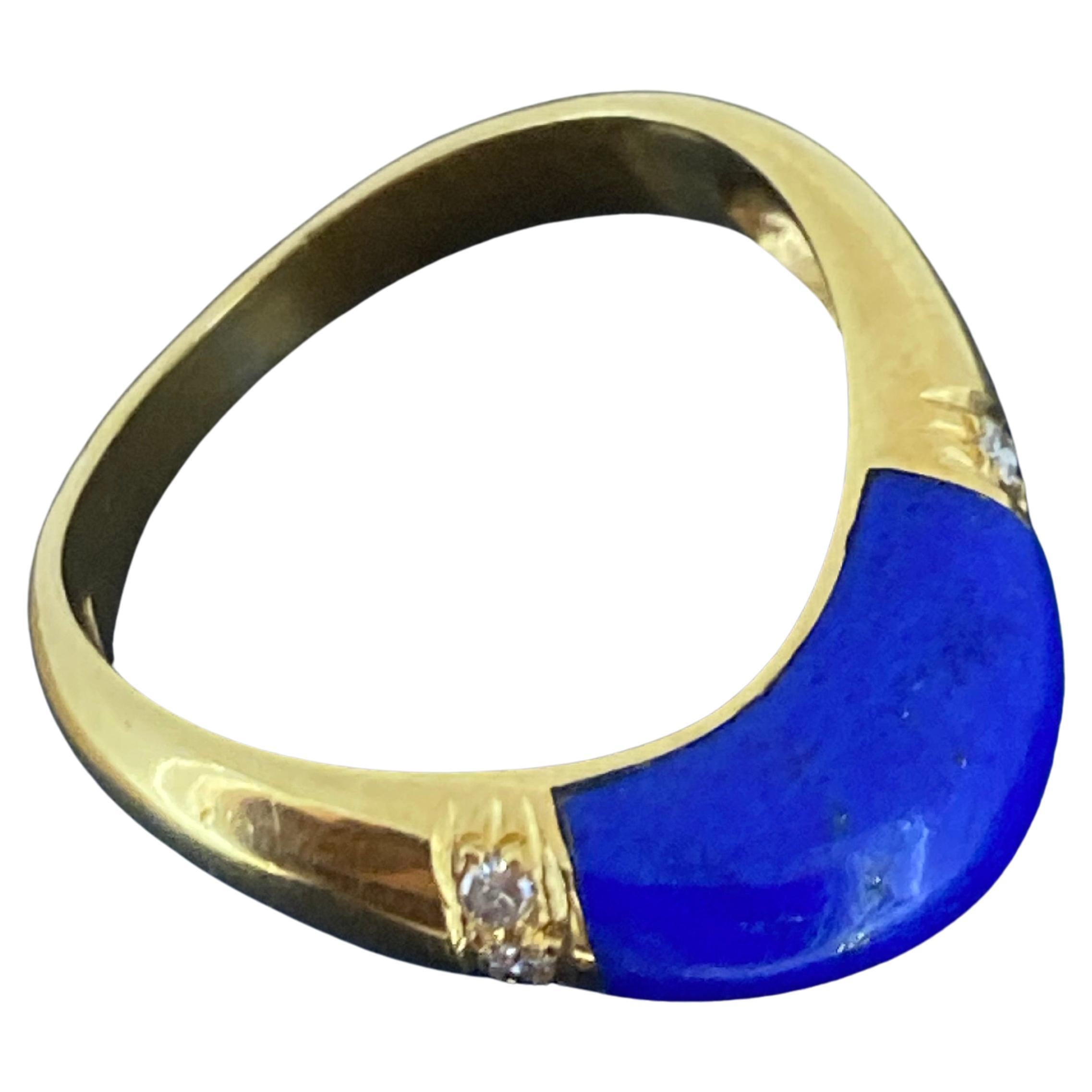 Lapis Lazuli, Diamond 18K Yellow Gold U-Shaped Ring, Italy, Retro, c1960's. For Sale