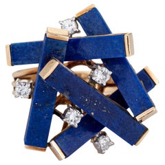 Lapis Lazuli Diamond Abstract Ring Vintage 14k Yellow Gold Sz 6.5 Fine Jewelry