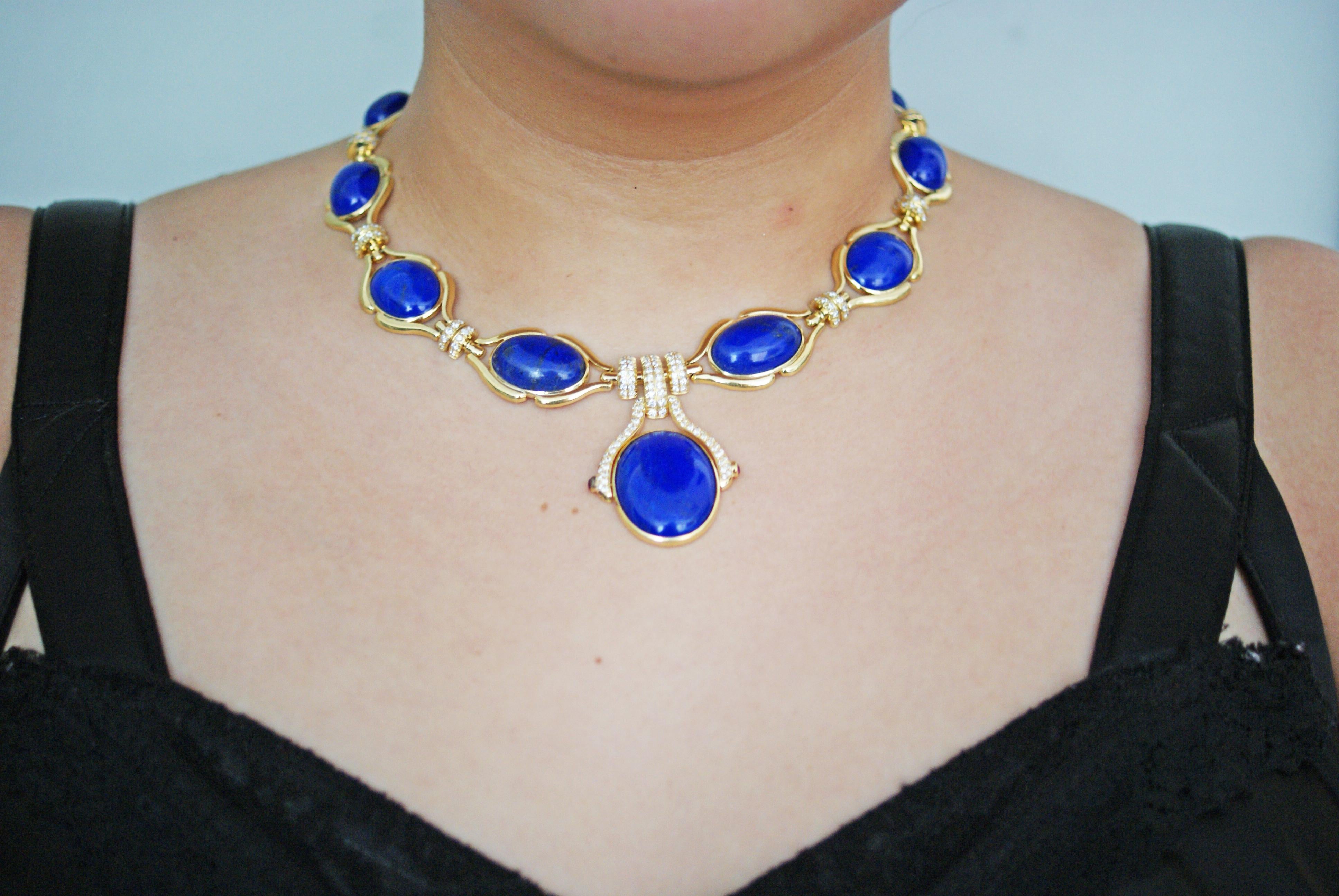 Women's or Men's Lapis Lazuli Diamond and 18 Karat Gold Drop Necklace