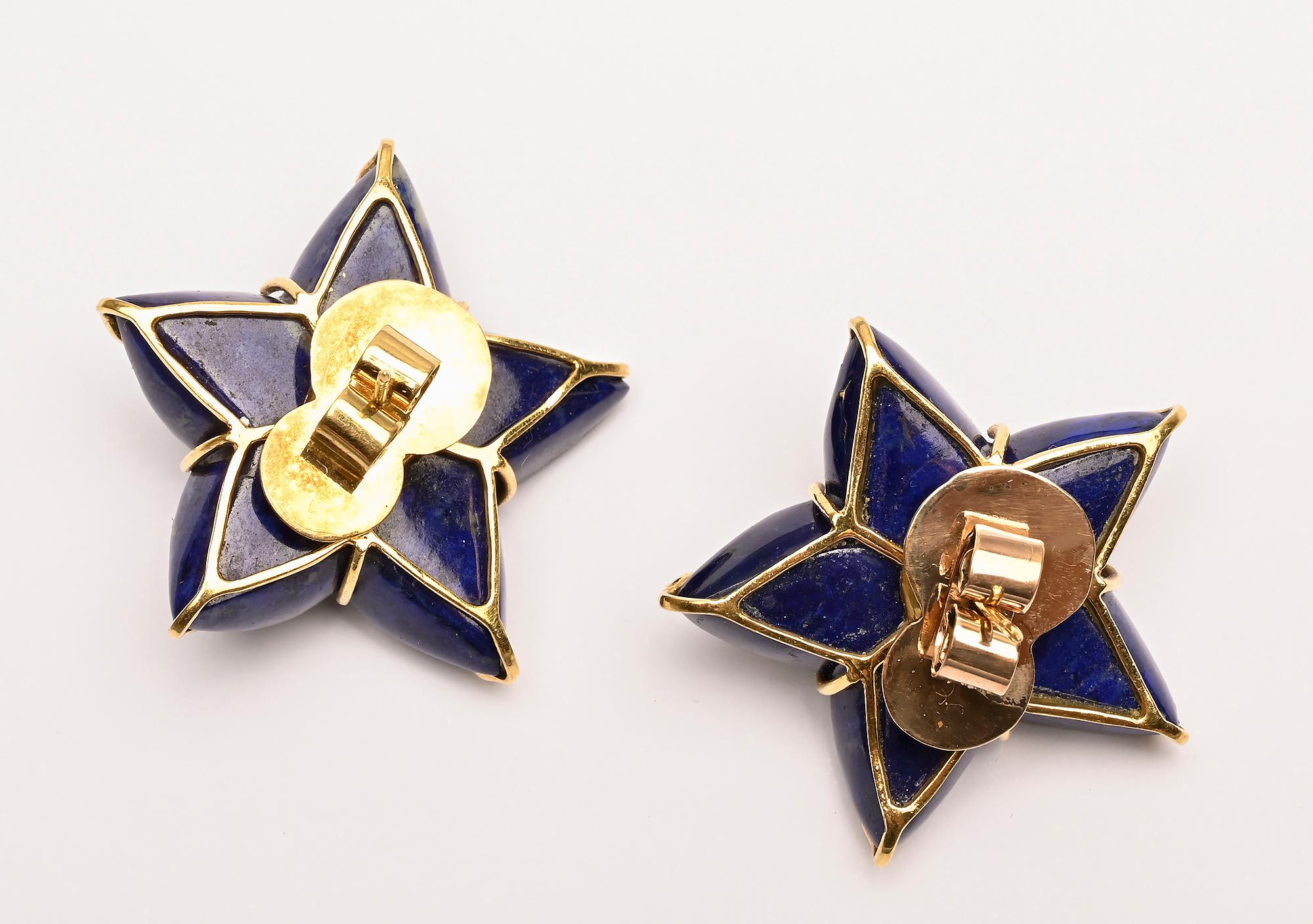Modern Lapis Lazuli Diamond and Peridot Star Earrings For Sale