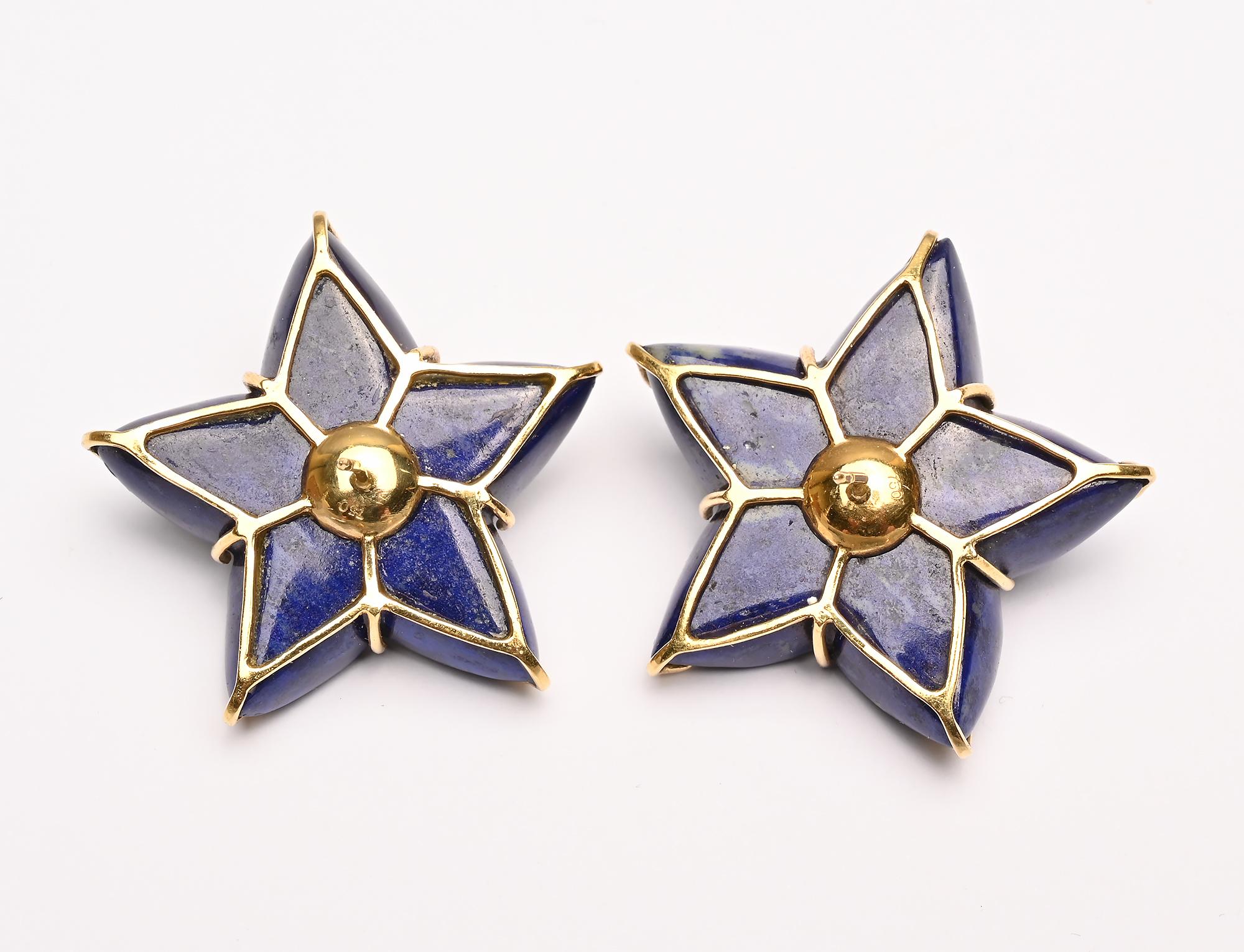 Cabochon Lapis Lazuli Diamond and Peridot Star Earrings For Sale