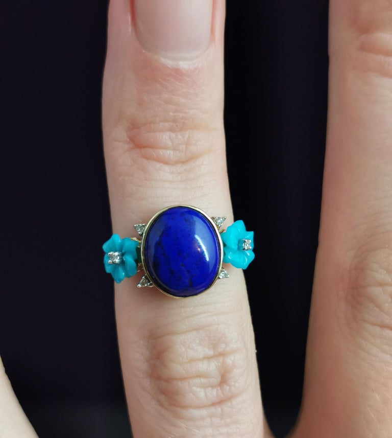 Lapis Lazuli, Diamond and Turquoise Flower Ring, 9 Karat Yellow Gold, Modern 6