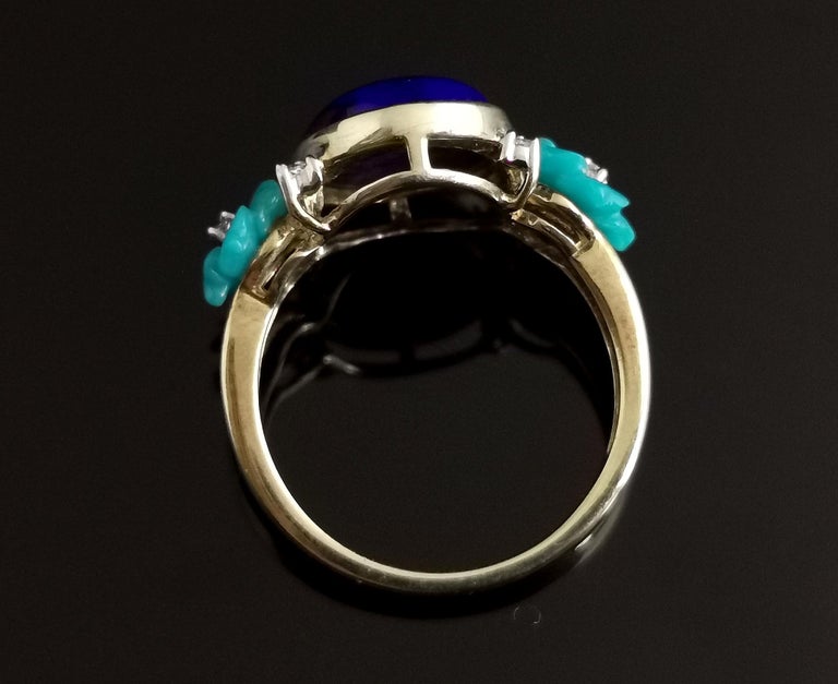 Lapis Lazuli, Diamond and Turquoise Flower Ring, 9 Karat Yellow Gold, Modern 7