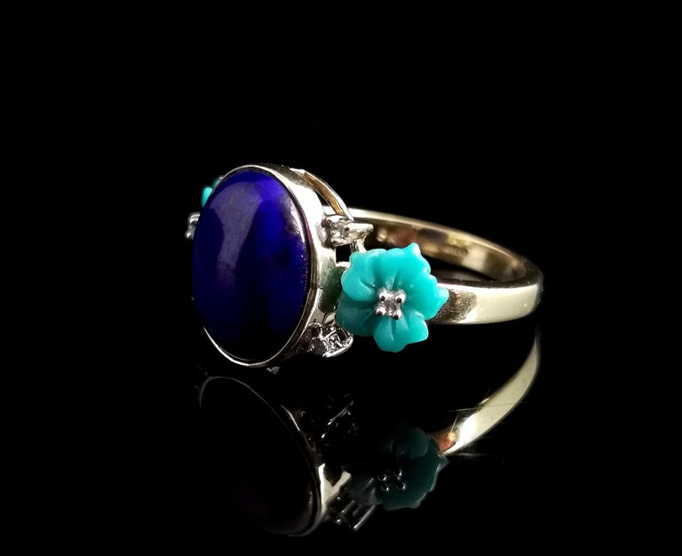 Lapis Lazuli, Diamond and Turquoise Flower Ring, 9 Karat Yellow Gold, Modern 9