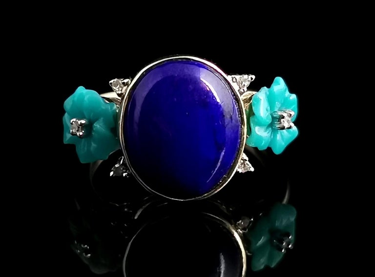 Lapis Lazuli, Diamond and Turquoise Flower Ring, 9 Karat Yellow Gold, Modern 10