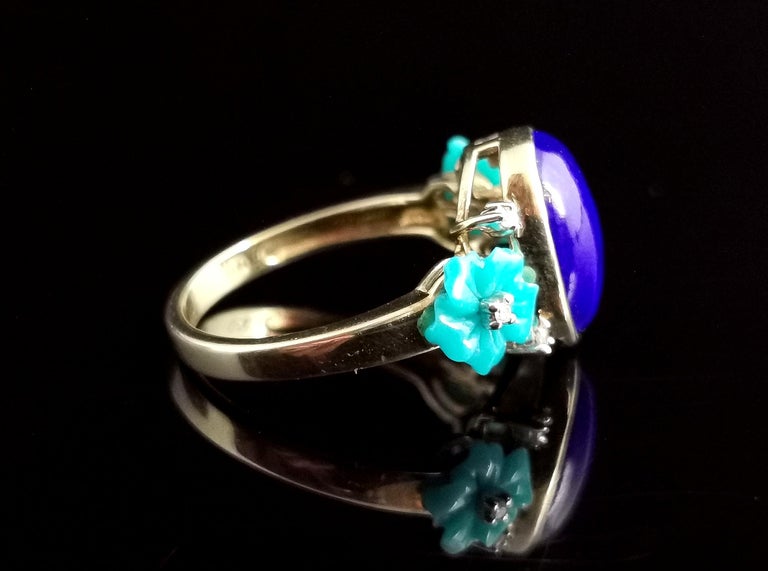 Women's Lapis Lazuli, Diamond and Turquoise Flower Ring, 9 Karat Yellow Gold, Modern