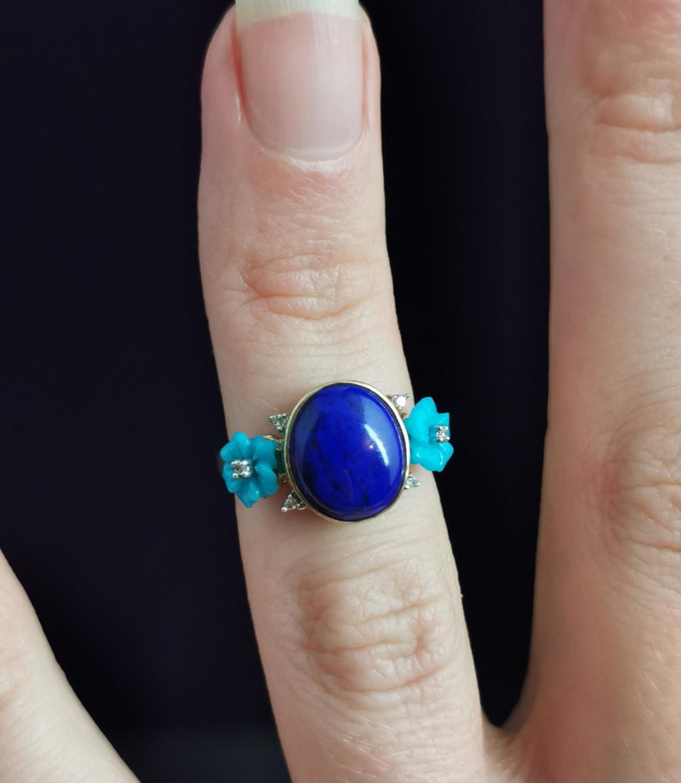 Lapis Lazuli, Diamond and Turquoise Flower Ring, 9 Karat Yellow Gold, Modern 1