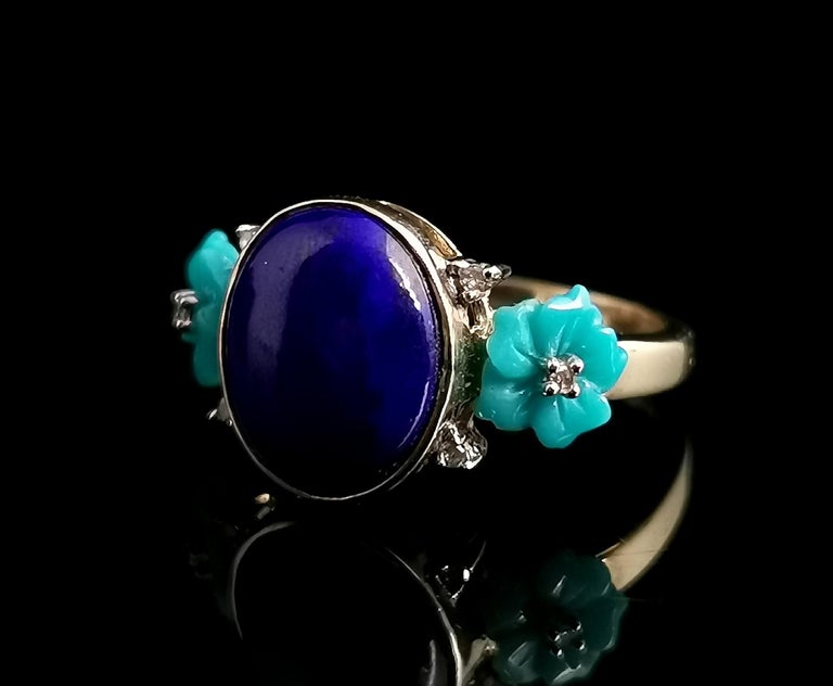 Lapis Lazuli, Diamond and Turquoise Flower Ring, 9 Karat Yellow Gold, Modern 2