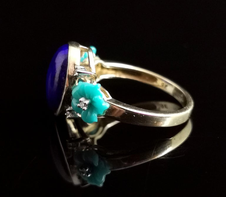 Lapis Lazuli, Diamond and Turquoise Flower Ring, 9 Karat Yellow Gold, Modern 3