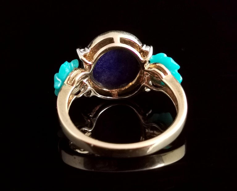 Lapis Lazuli, Diamond and Turquoise Flower Ring, 9 Karat Yellow Gold, Modern 4