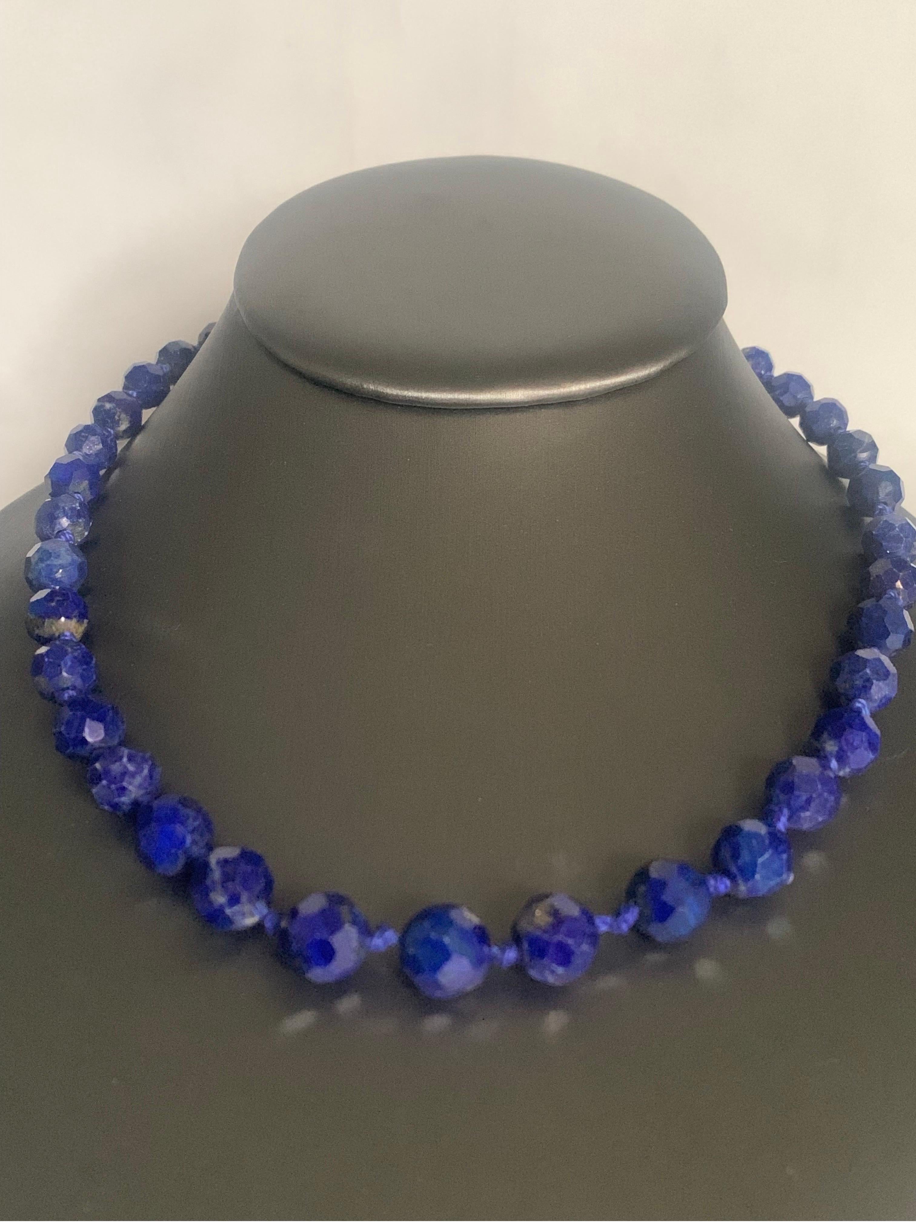 Ball Cut Lapis Lazuli Diamond Cut Strand Necklace with Yellow Gold Clasp For Sale