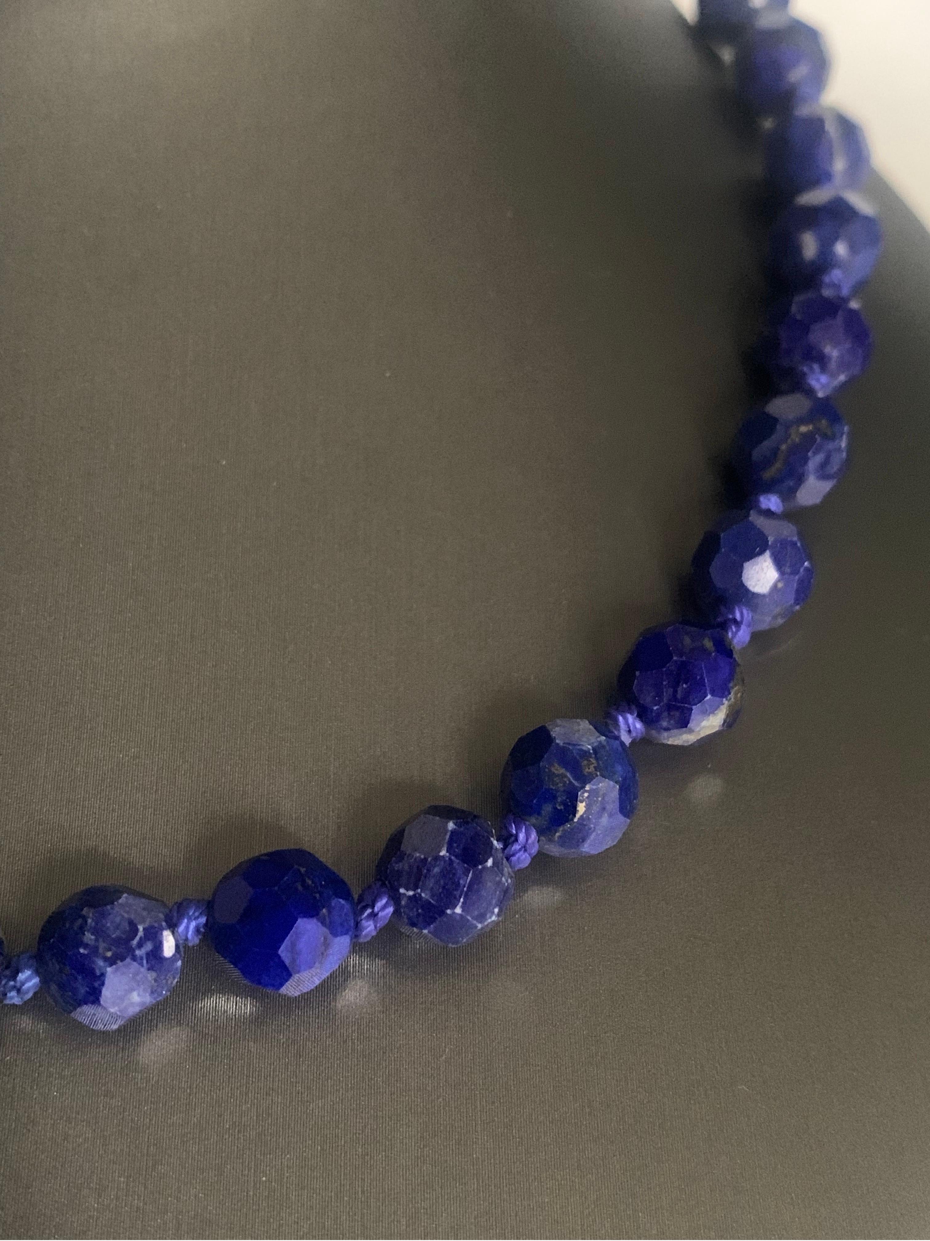 Women's Lapis Lazuli Diamond Cut Strand Necklace with Yellow Gold Clasp For Sale