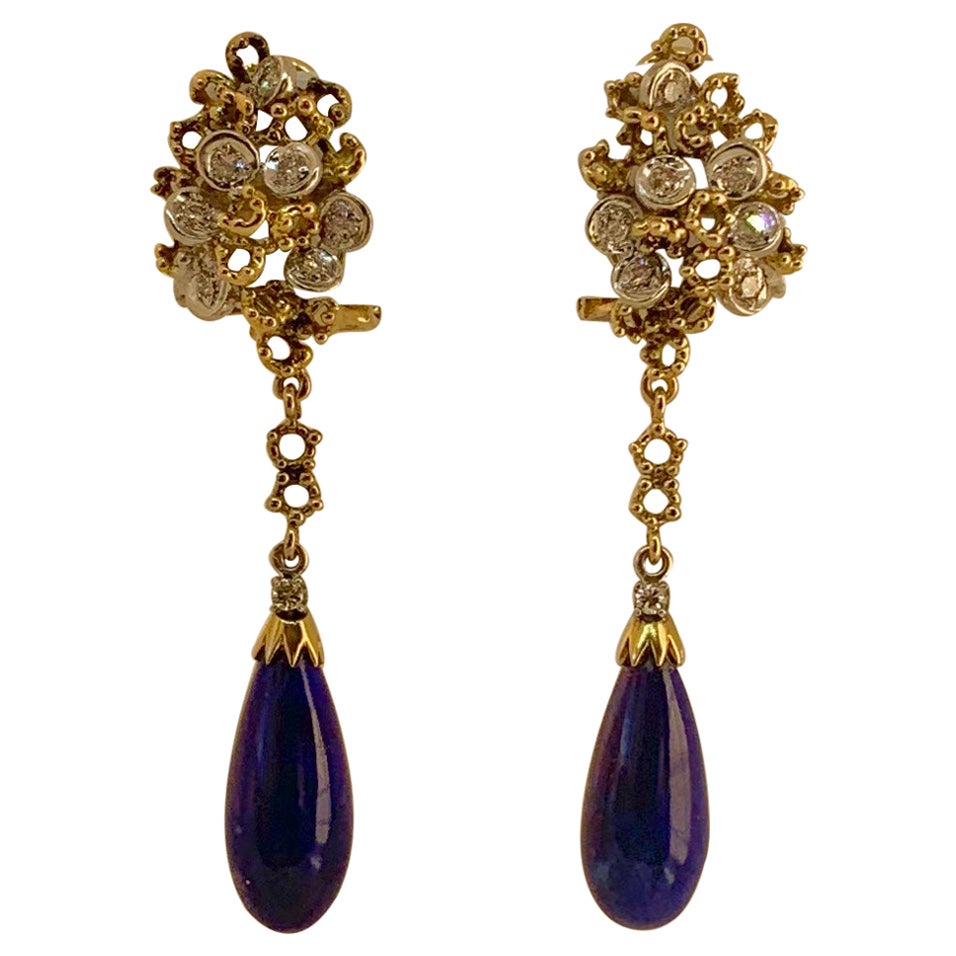 Pendientes colgantes de lapislázuli y diamantes Retro Mid-Century Modern Oro de 18 quilates