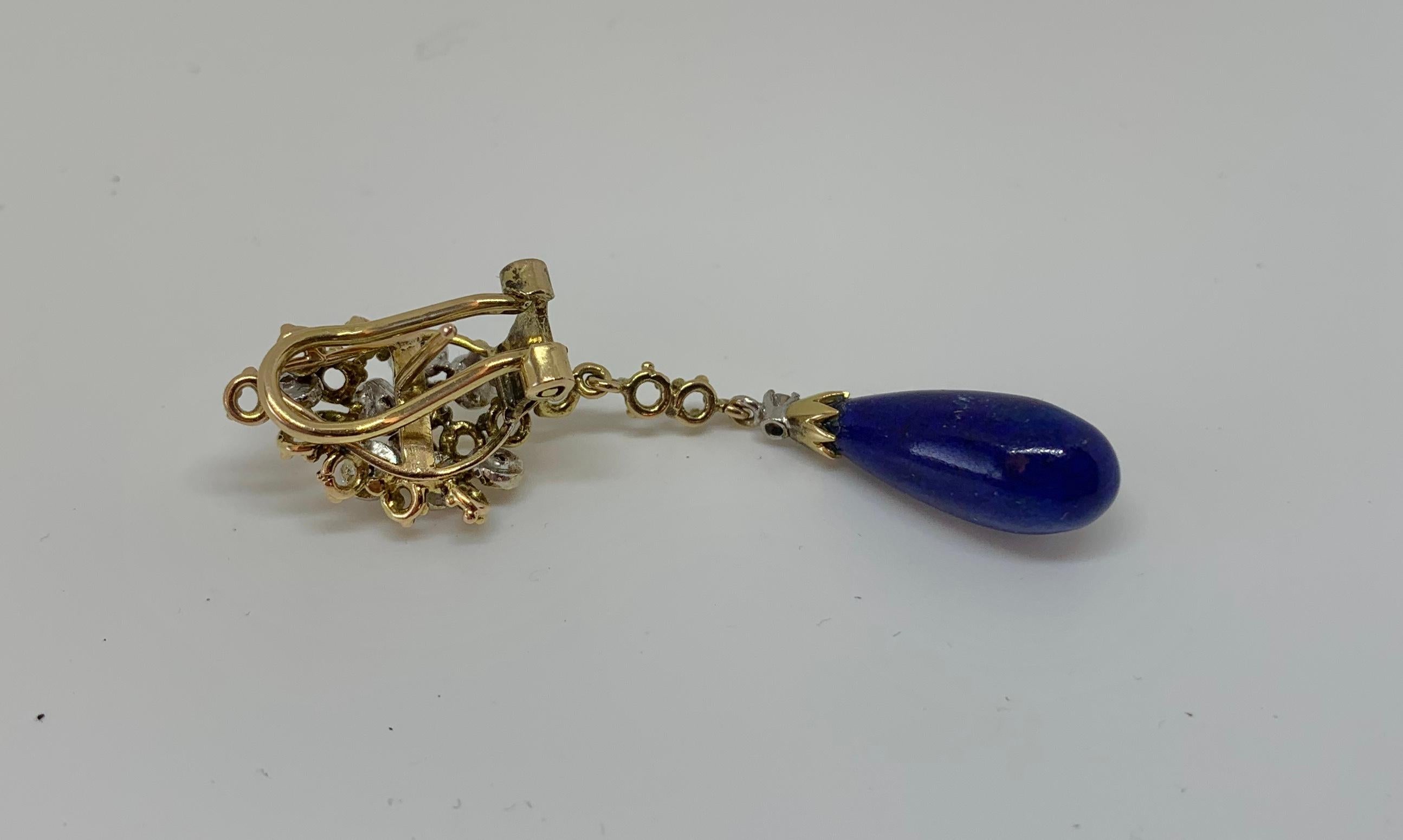 Lapis Lazuli Diamond Dangle Drop Earrings Retro Mid-Century Modern 18 Karat Gold For Sale 3