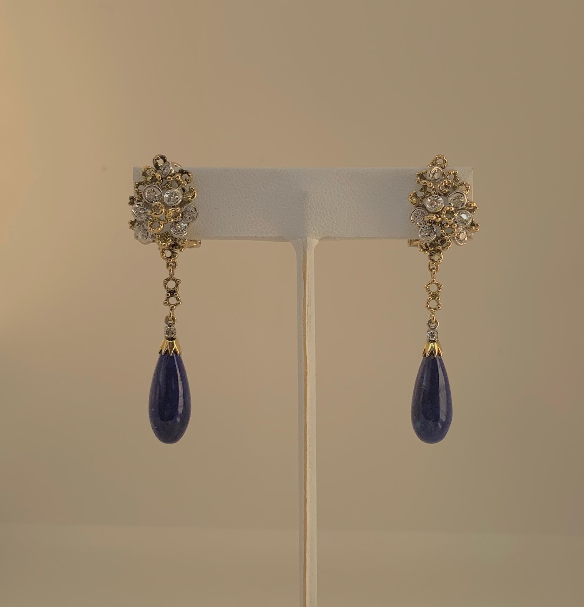 Taille ronde Pendants d'oreilles en goutte rétro en or 18 carats avec lapis-lazuli et diamants, style mi-siècle moderne en vente