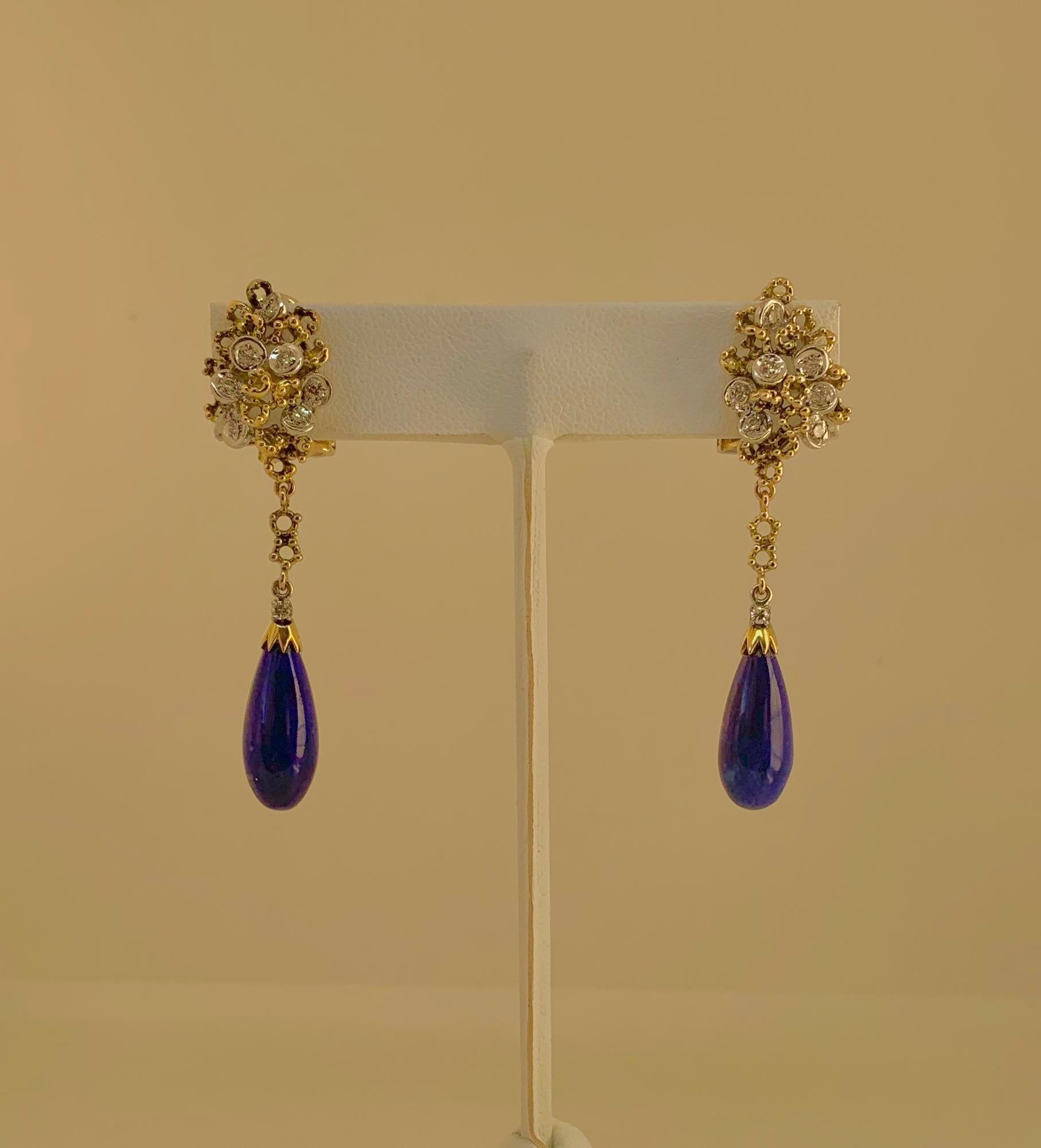 Round Cut Lapis Lazuli Diamond Dangle Drop Earrings Retro Mid-Century Modern 18 Karat Gold For Sale