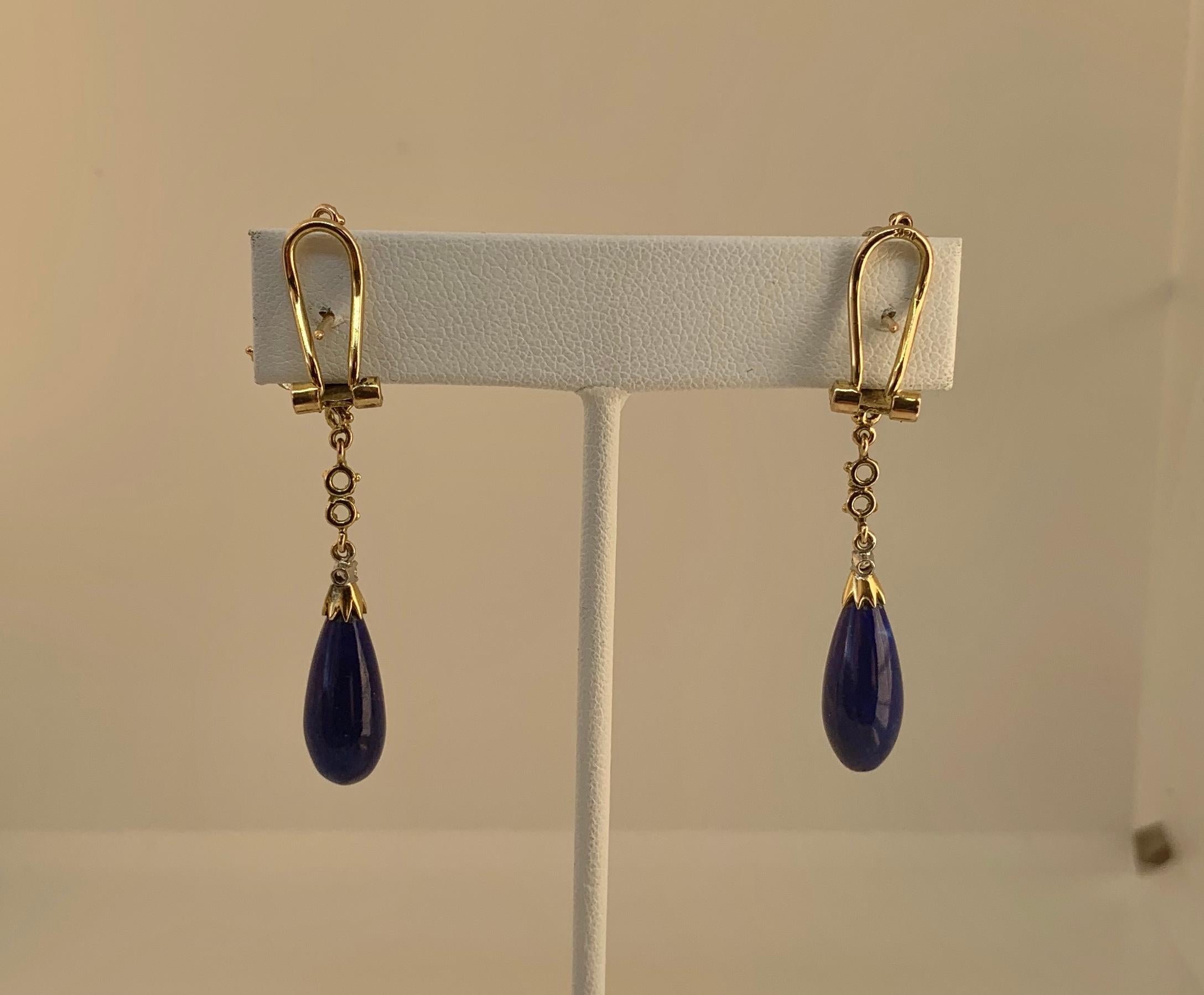 Women's Lapis Lazuli Diamond Dangle Drop Earrings Retro Mid-Century Modern 18 Karat Gold For Sale