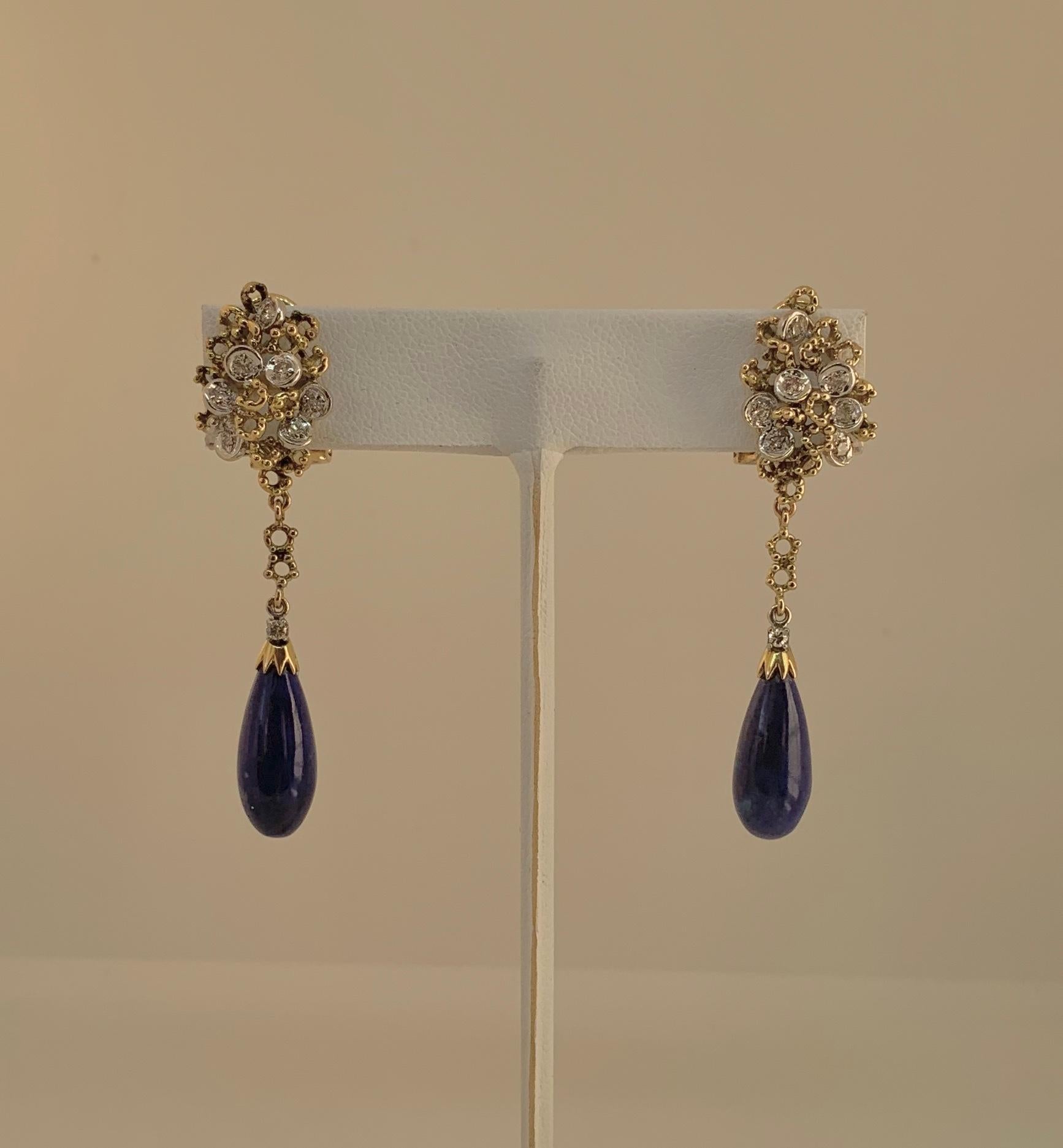 Lapis Lazuli Diamond Dangle Drop Earrings Retro Mid-Century Modern 18 Karat Gold For Sale 1