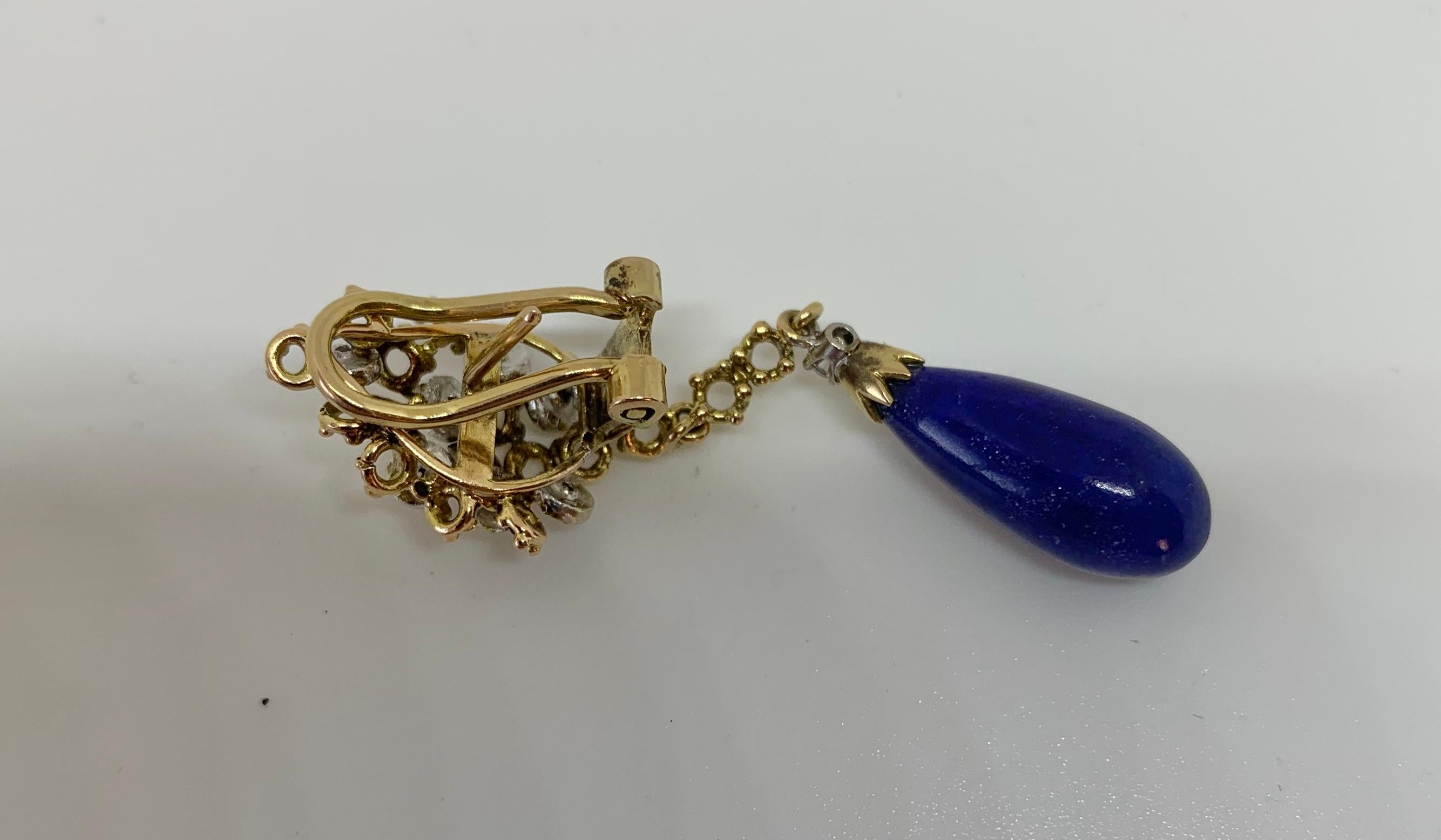 Lapis Lazuli Diamond Dangle Drop Earrings Retro Mid-Century Modern 18 Karat Gold For Sale 2