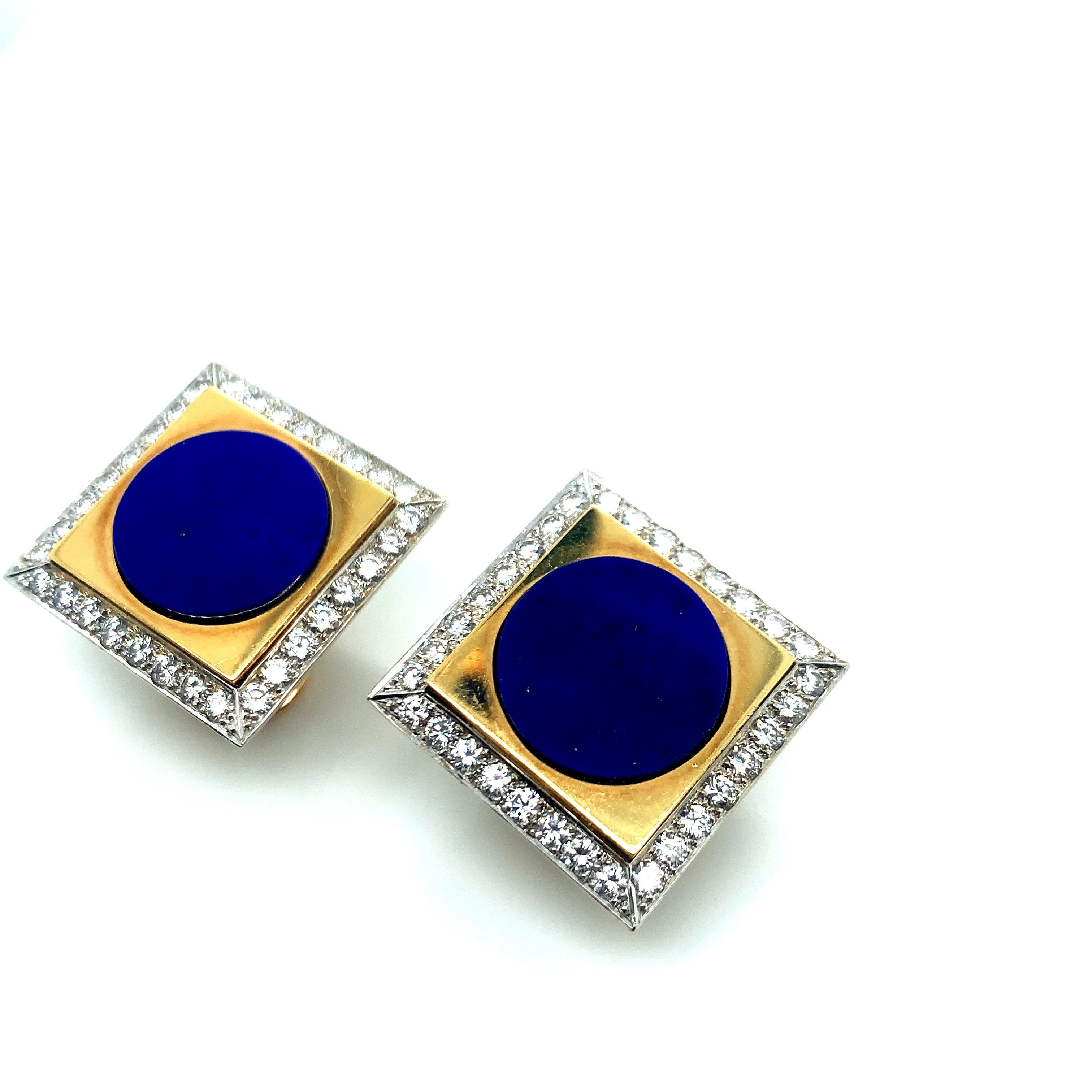Lapis Lazuli Diamond Ear Clips In Excellent Condition For Sale In New York, NY