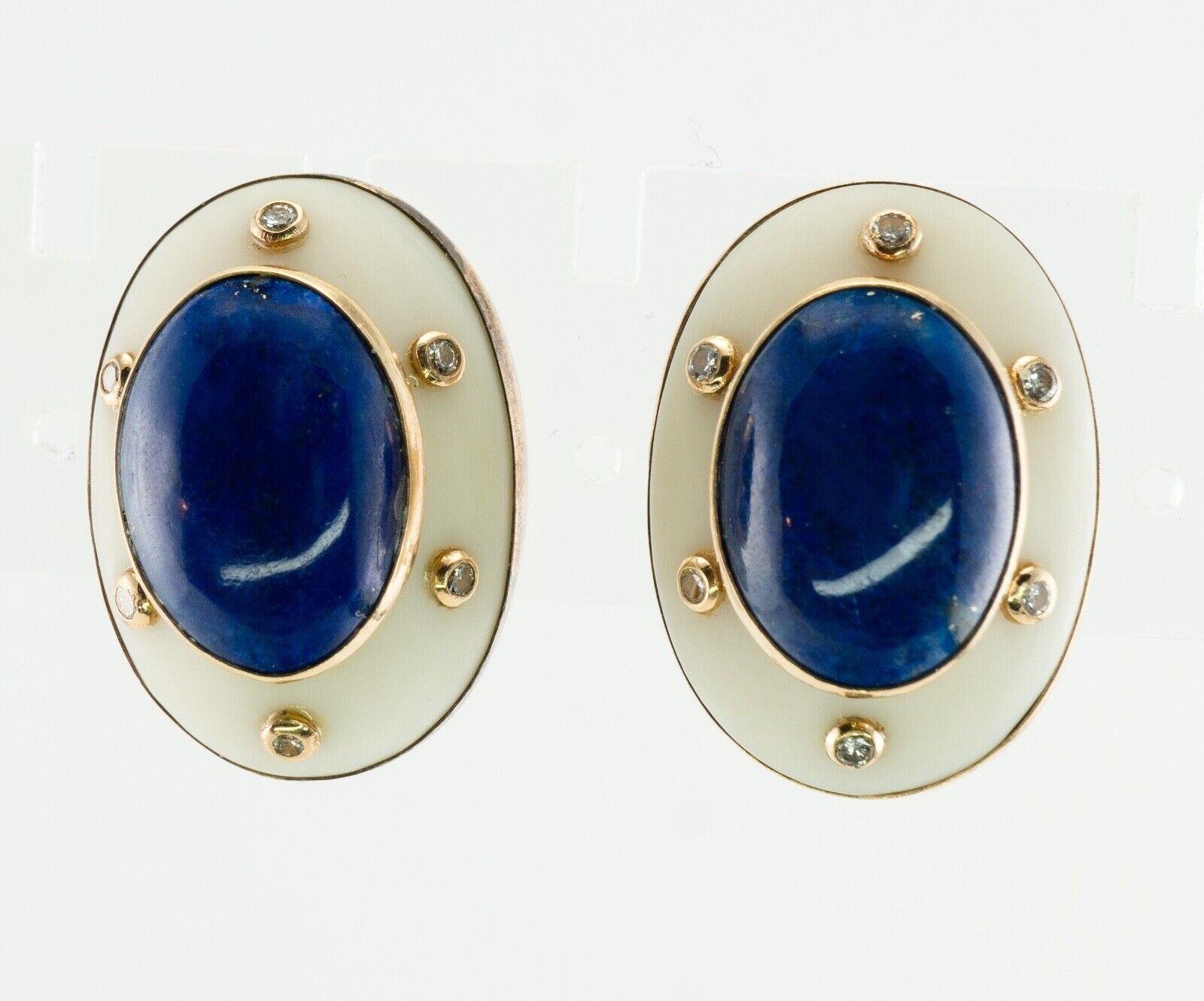 This pair of vintage mid-century earrings is made in solid 14K Yellow Gold and 18K Gold for posts.
The center bezel set natural Lapis Lazuli measures 16mm x 12mm.
Six bezel set diamonds are set in white Camphor Crystal setting.
The diamonds are SI2