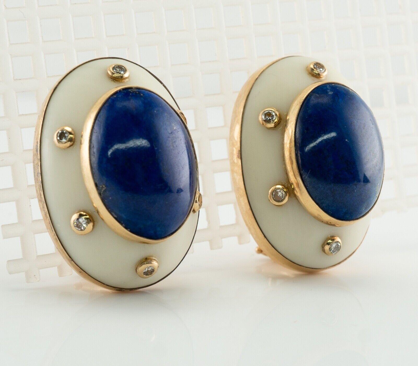 Cabochon Lapis Lazuli Diamond Earrings Camphor Crystal Vintage 14K Gold For Sale