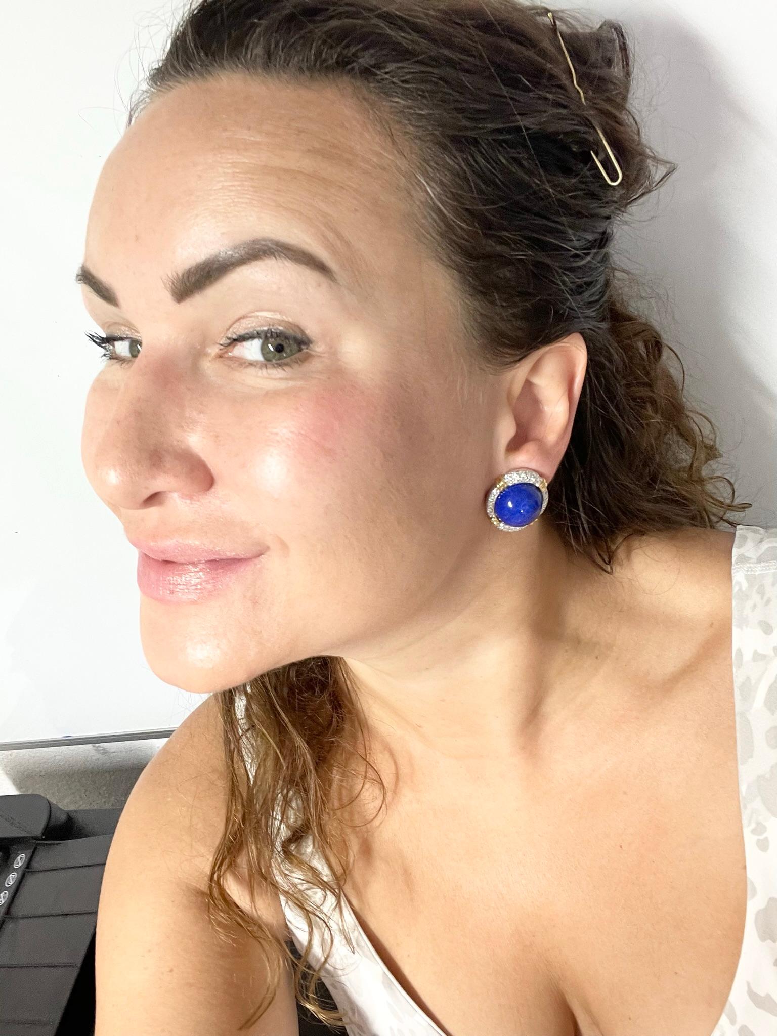 Lapis Lazuli Diamond Earrings Clips Rare 18KT Gold Omega Earrings 1.28ct Diamond For Sale 1