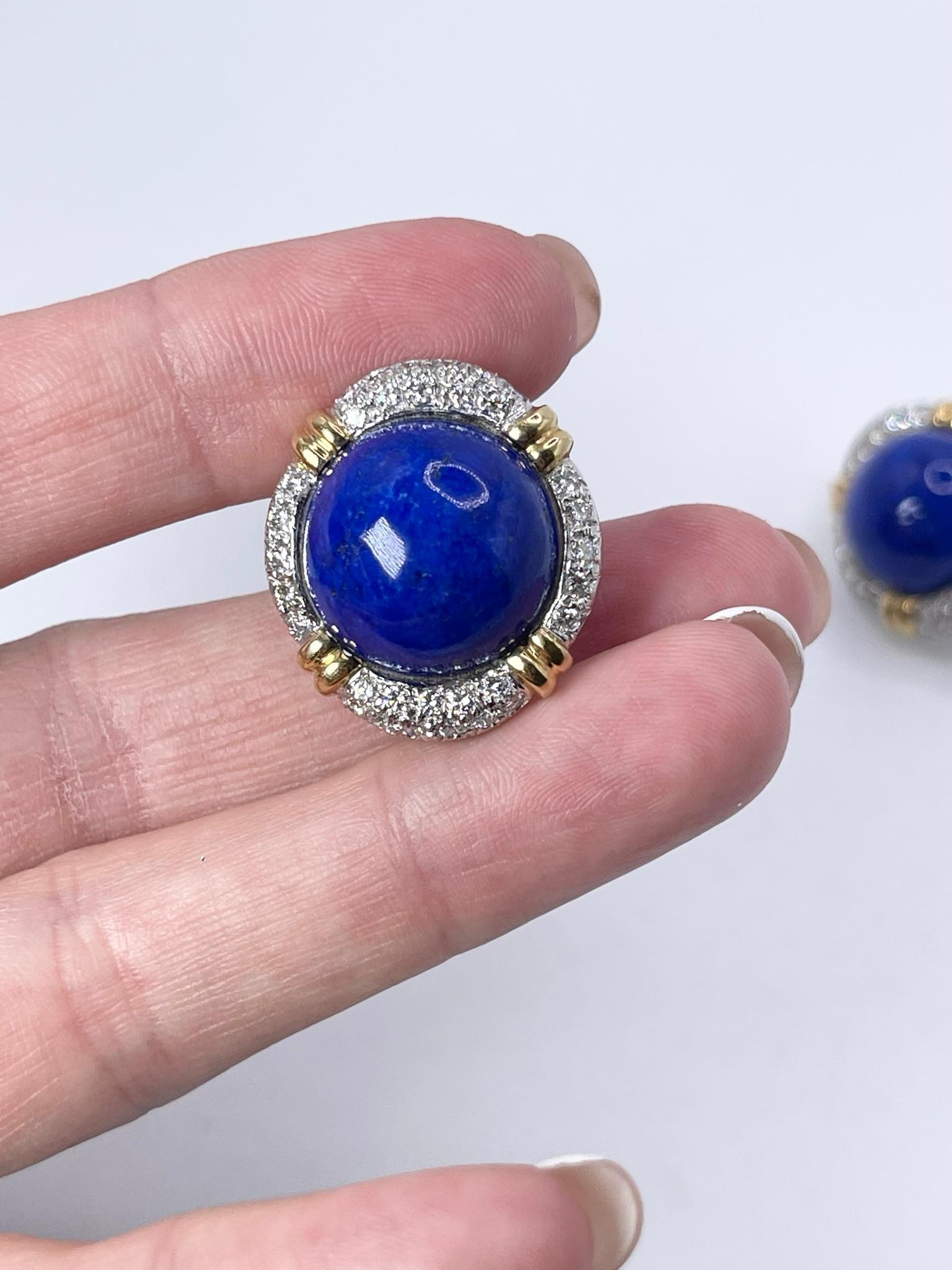 Modern Lapis Lazuli Diamond Earrings Clips Rare 18KT Gold Omega Earrings 1.28ct Diamond For Sale