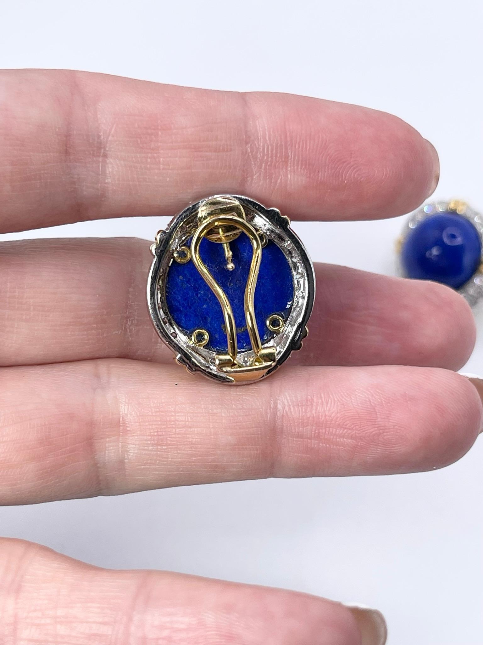 Round Cut Lapis Lazuli Diamond Earrings Clips Rare 18KT Gold Omega Earrings 1.28ct Diamond For Sale