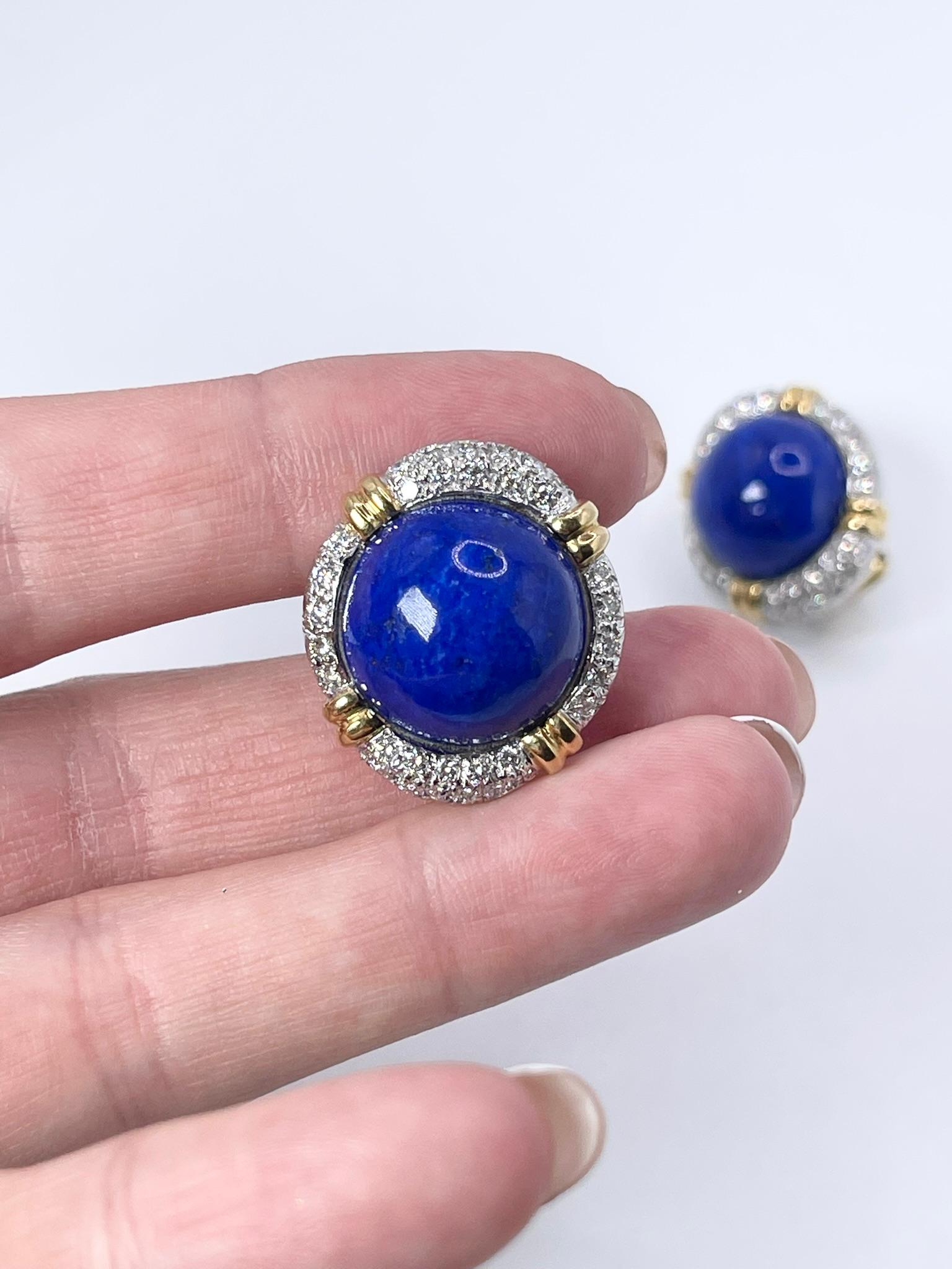 Lapis Lazuli Diamond Earrings Clips Rare 18KT Gold Omega Earrings 1.28ct Diamond In Excellent Condition For Sale In Jupiter, FL