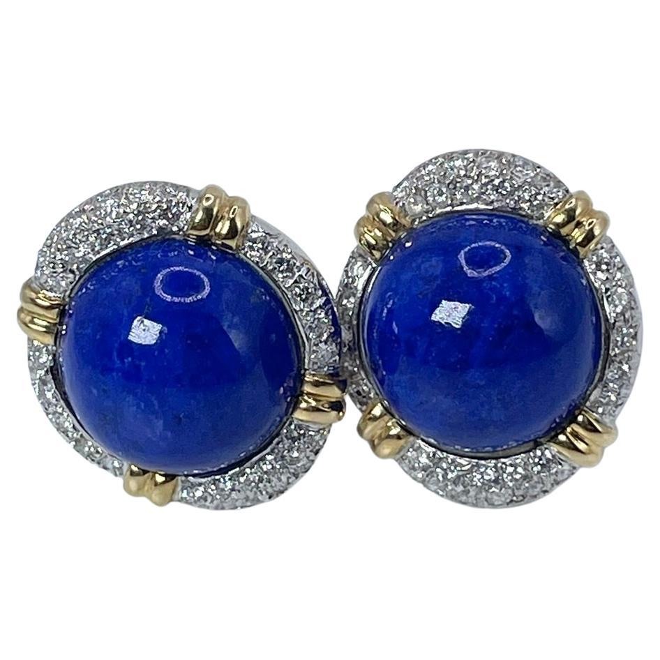 Lapis Lazuli Diamond Earrings Clips Rare 18KT Gold Omega Earrings 1.28ct Diamond For Sale