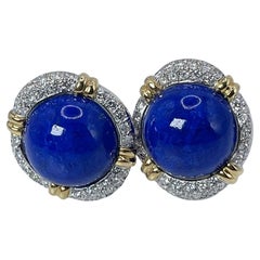 Lapis Lazuli Diamond Earrings Clips Rare 18KT Gold Omega Earrings 1.28ct Diamond
