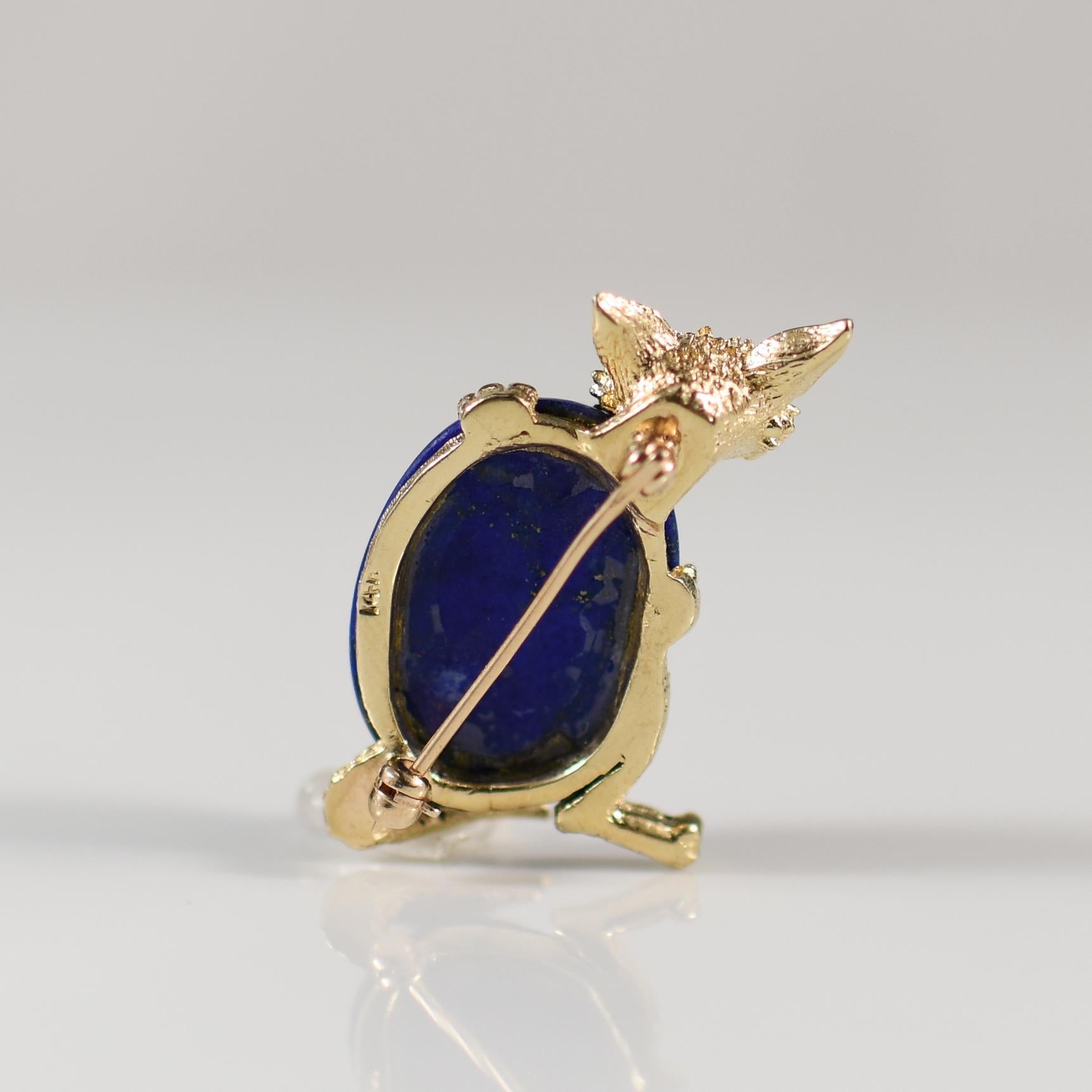 Taille cabochon Broche renard en lapis-lazuli et diamants en or jaune 14k
