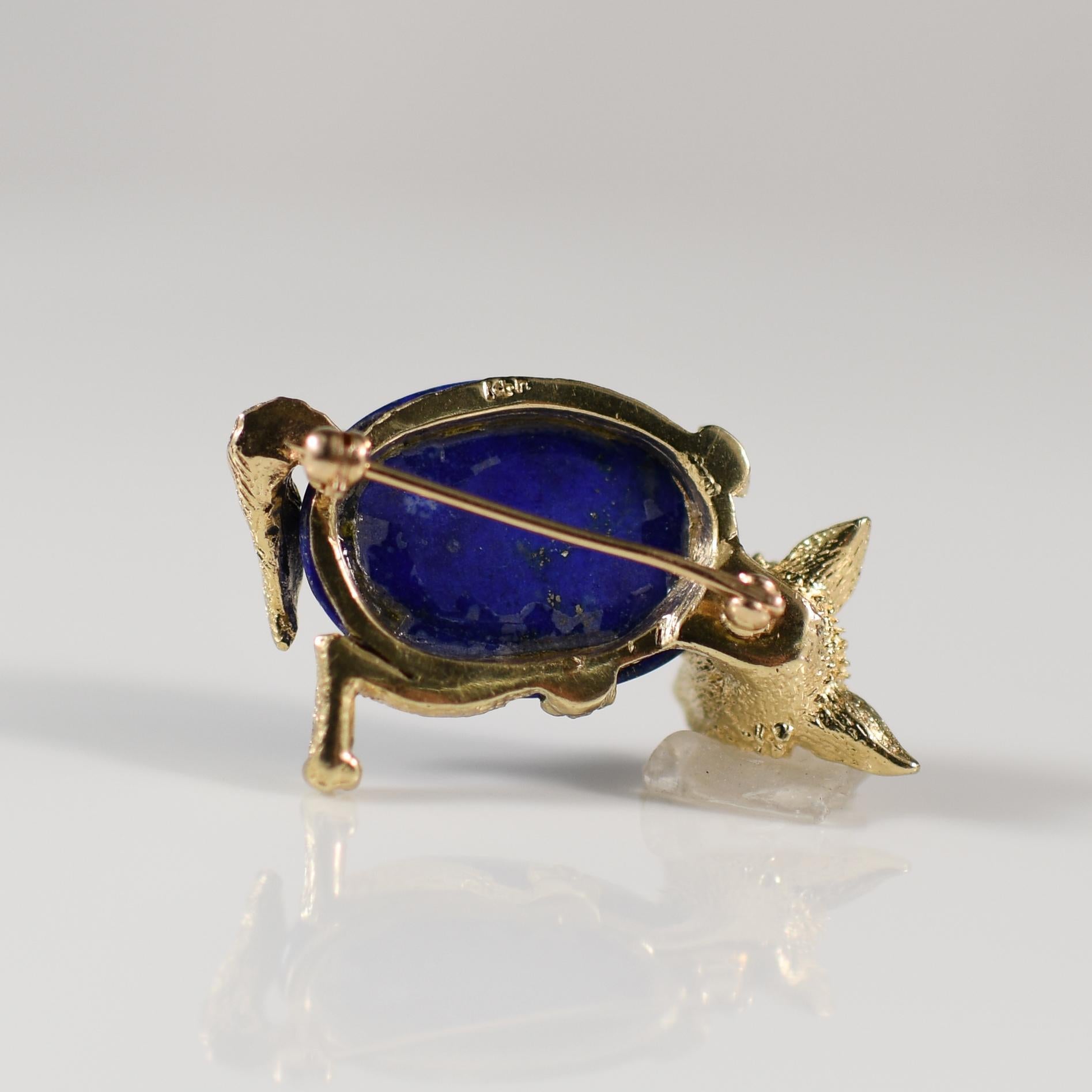 Broche renard en lapis-lazuli et diamants en or jaune 14k Bon état à Addison, TX