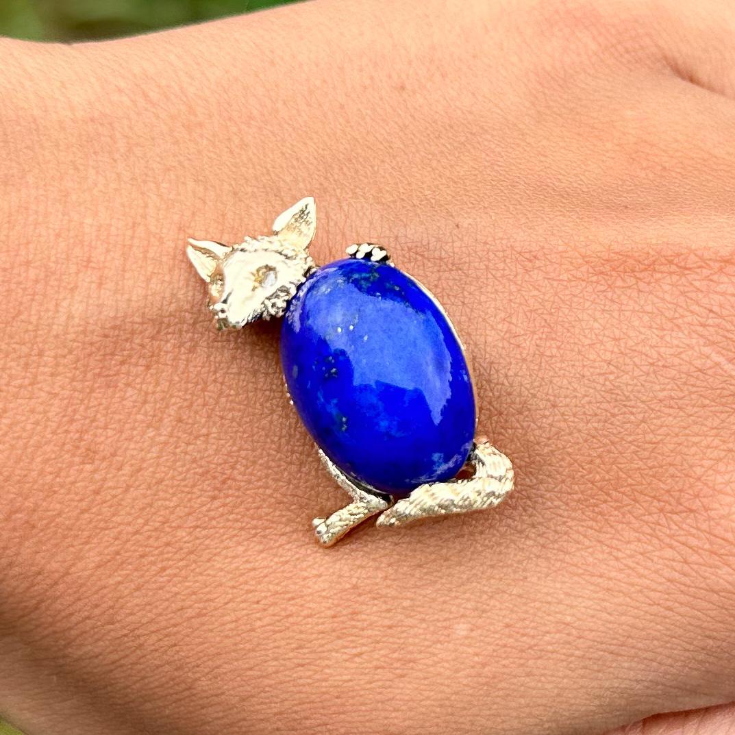  Broche renard en lapis-lazuli et diamants en or jaune 14k Pour femmes 