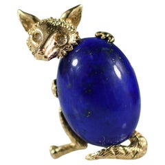 Broche renard en lapis-lazuli et diamants en or jaune 14k