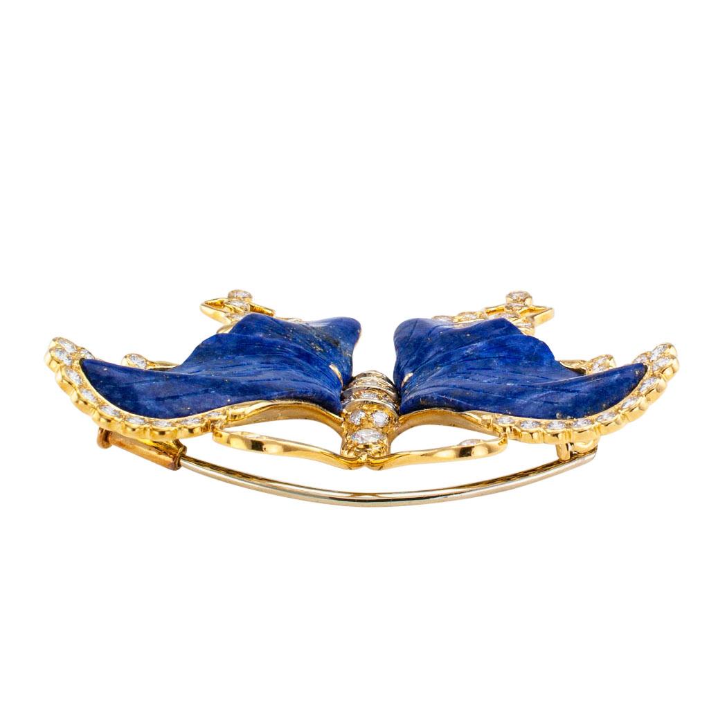 Lapis lazuli diamonds and gold butterfly brooch circa 1980 Italian. Designed as a butterfly in flight, its body, antennae and wing edges embellished with round brilliant-cut diamonds totaling approximately 1.50 carats, approximately G – H color and