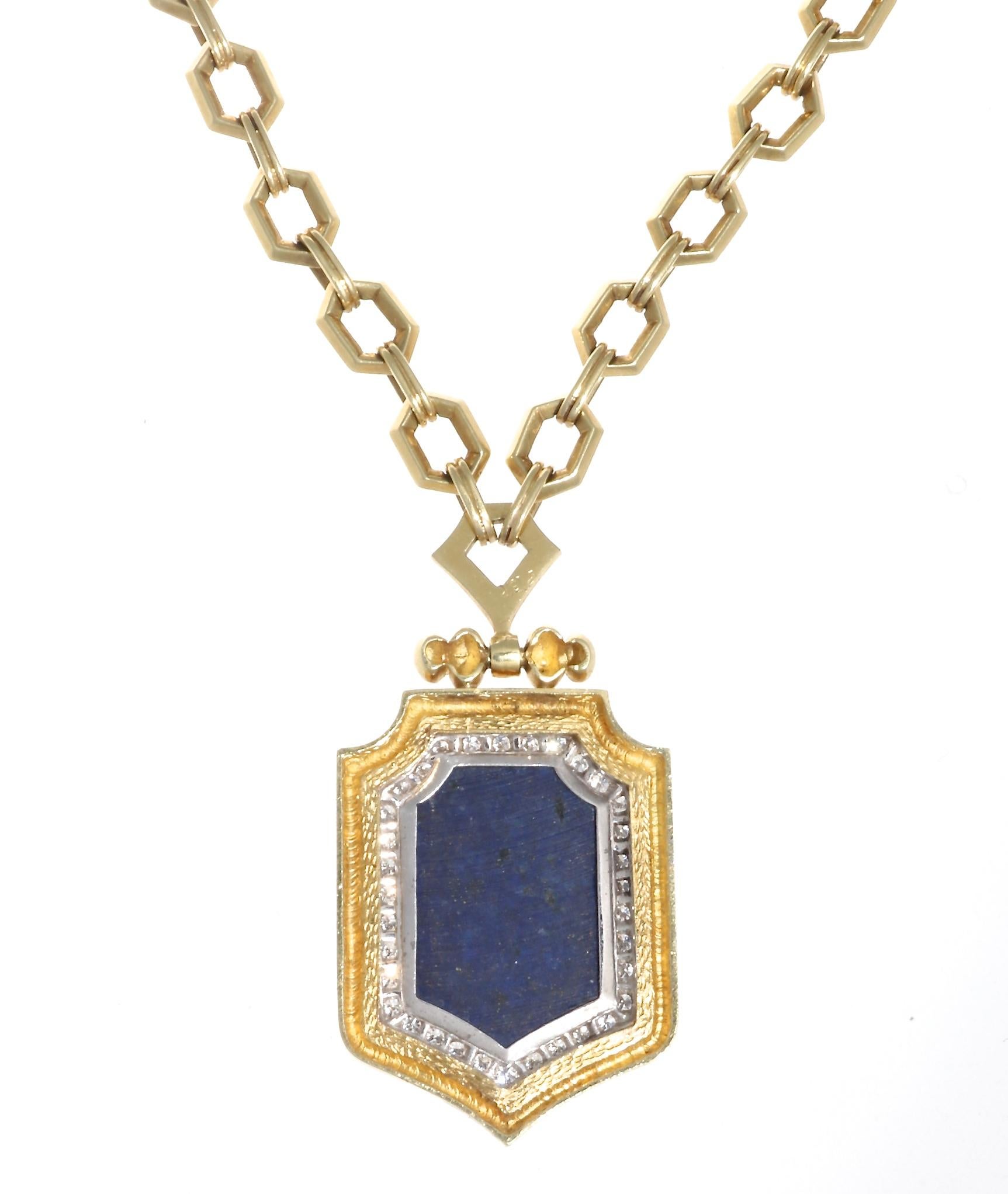 Round Cut Lapis Lazuli Diamond Gold Necklace
